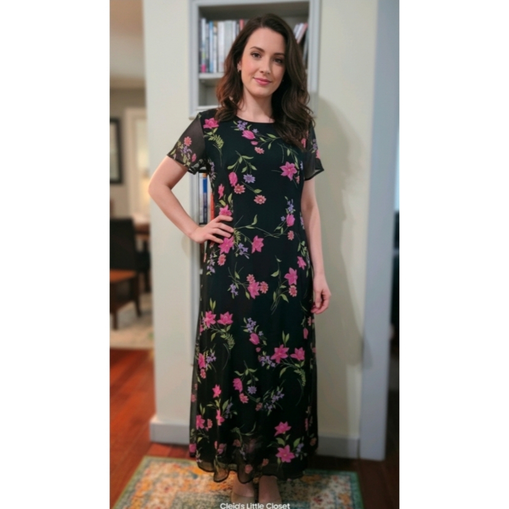 Kathie Lee Collection Dress,  Black Floral,  Maxi,  GUC,  12 ✔️